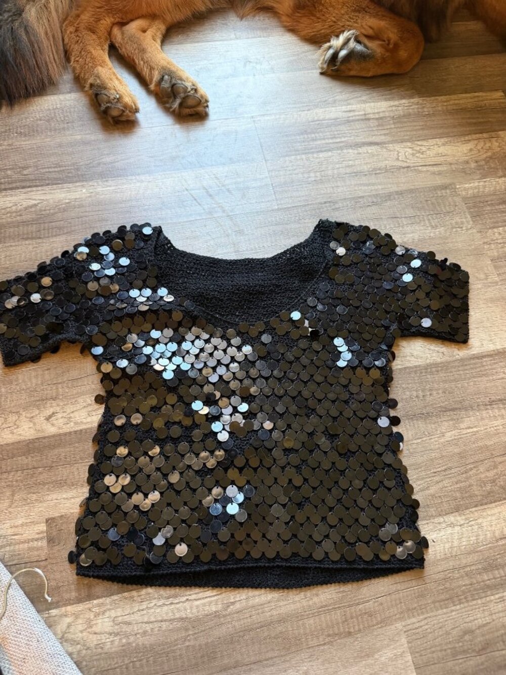 Black Sequin Short-Sleeve Top Handmade For Party Or Event Wear